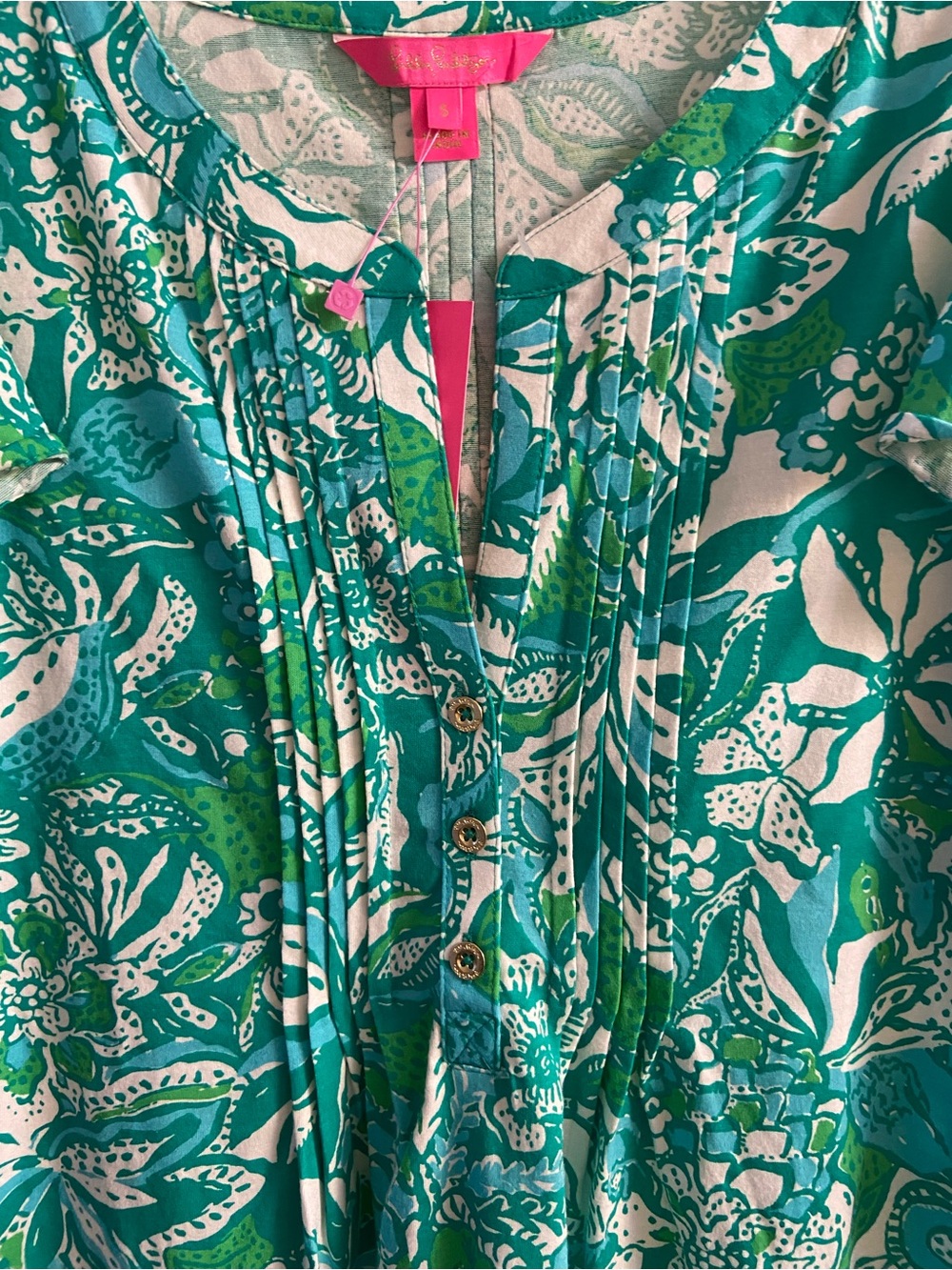 Lilly Pulitzer Teal & White Floral Pintuck Tank blouse Small NWT - Picture 4 of 7
